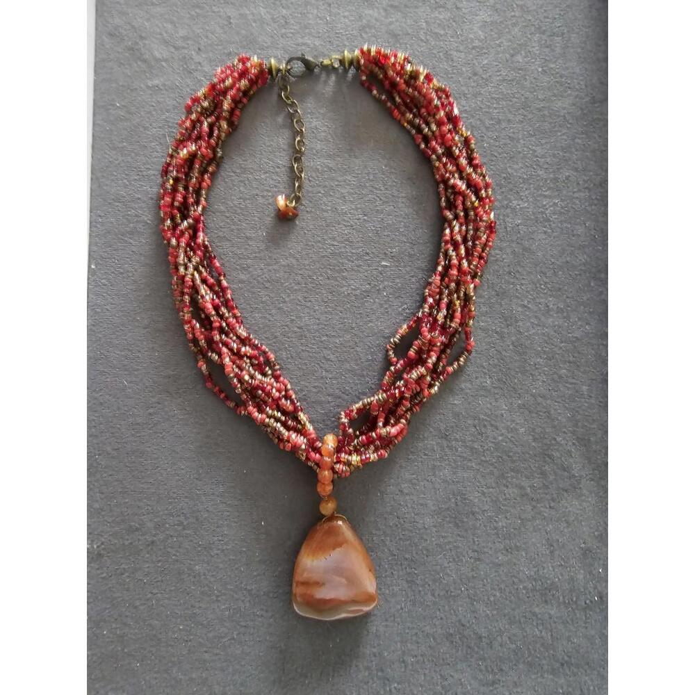 Red Beaded Multi-Strand Necklace With Agate Pendant